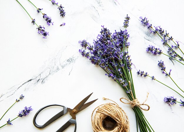 Flores de lavanda, tesouras e corda