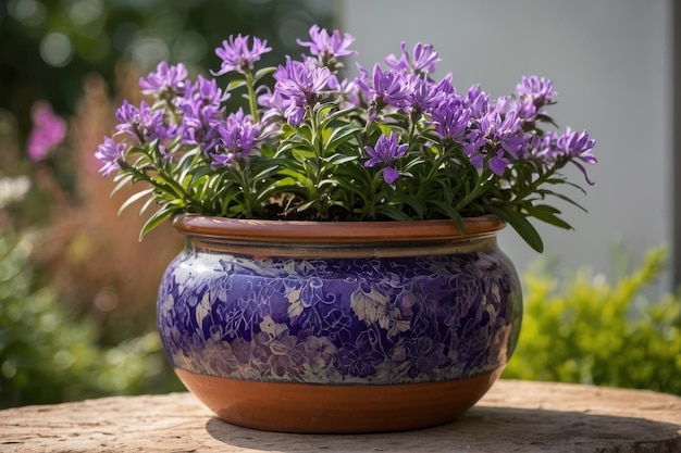 Flores de lila em um vaso cercadas por folhas verdes criando um belo buquê