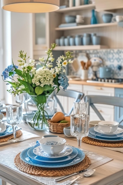 Flores de lila em um vaso em uma mesa de jantar com pratos e xícara de chá