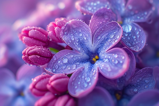 Flores de lilas com gotas de orvalho em close-up