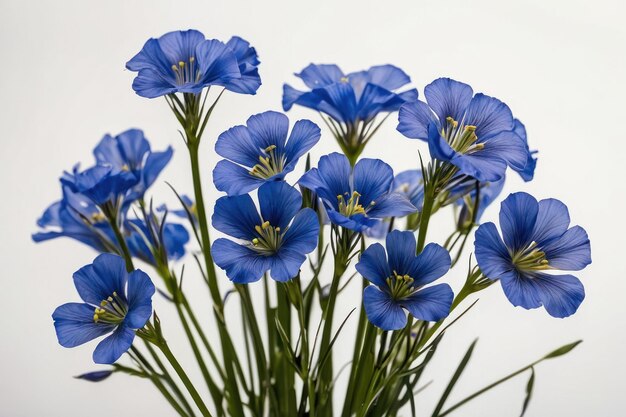 Flores de linho azuis exuberantes em fundo branco