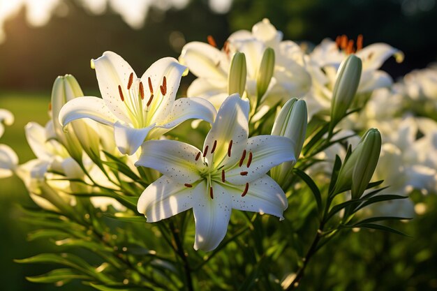 Flores de lírio com um fundo suave de folhagem verde