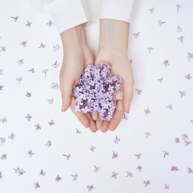 Flores de lírio da primavera nas mãos de uma mulher deitada sobre uma mesa branca. cosméticos naturais para mãos, mãos anti-rugas. beleza natural de uma mulher