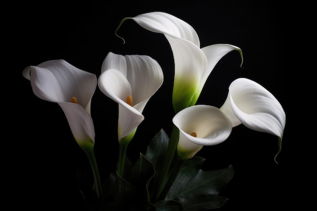 Flores de lírio de calla branco sobre fundo preto