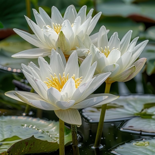 Flores de Lótus Branco Isolado Lírio d'Água Planta de Lago Tropical Lótus branco Espaço de cópia