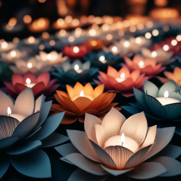 Flores de lótus de papel feitas à mão com brilho de vela