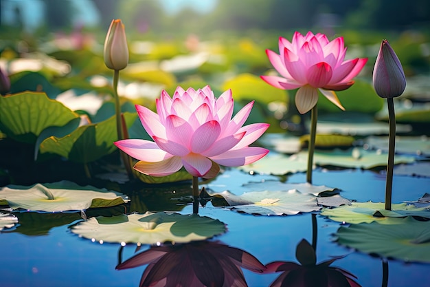 Flores de lótus deslumbrantes florescem em uma bela lagoa de jardim