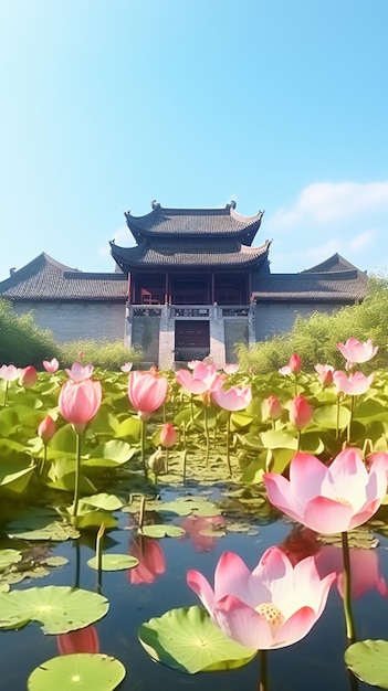 flores de lótus em um lago com um prédio ao fundo IA generativa