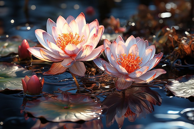 Flores de lótus encantadoras sobre águas cintilantes uma maravilha aquática mágica
