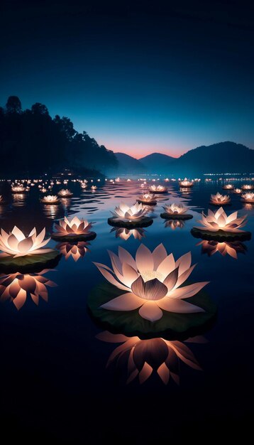 Flores de lótus místicas iluminando o lago calmo ao anoitecer