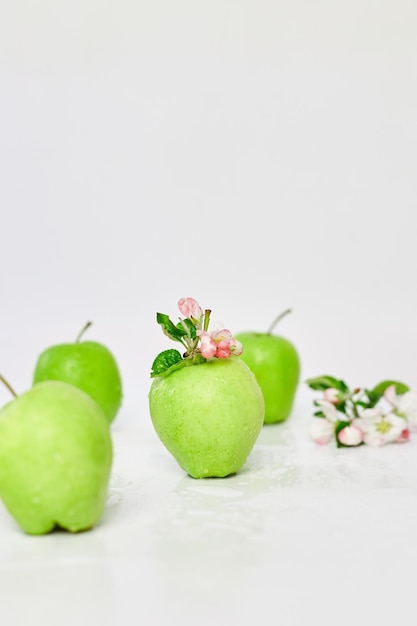 Flores de maçã e maçãs verdes maduras em um fundo branco