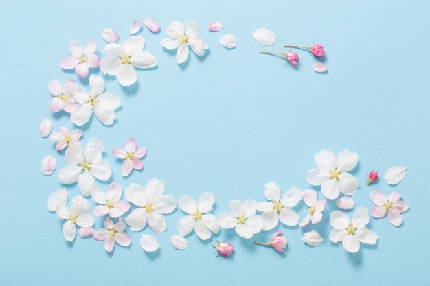 Flores de maçã na mesa de papel azul