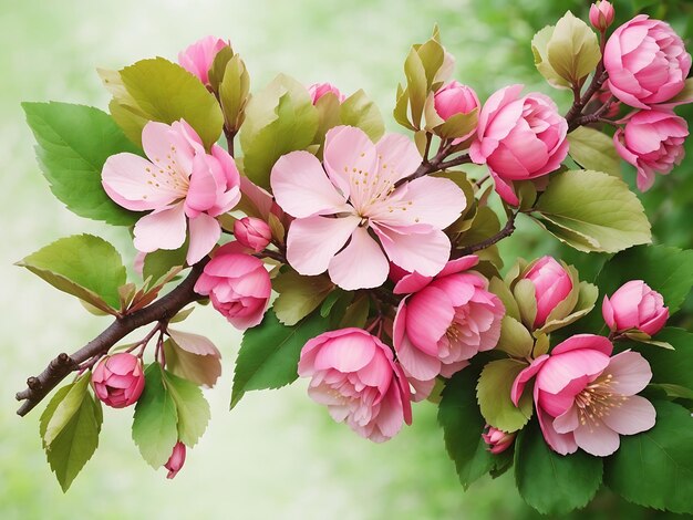 Flores de maçã rosa no ramo de folhas verdes