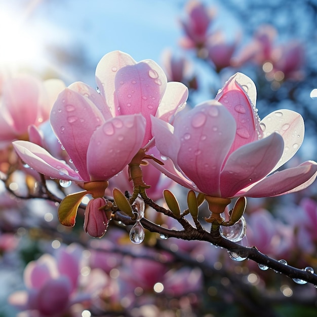 flores de magnólia em galhos de orvalho da manhã gotas de água no jardim