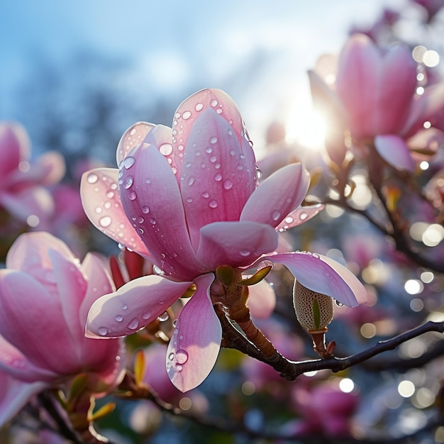 Foto flores de magnólia em galhos de orvalho da manhã gotas de água no jardim