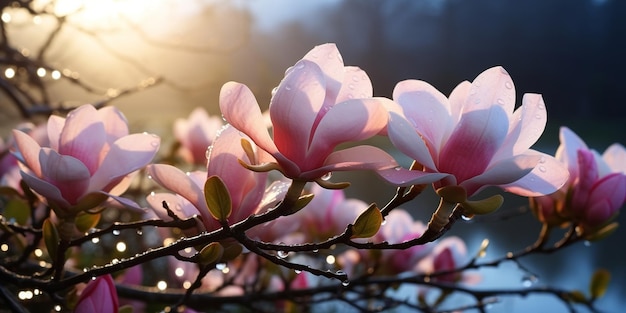 flores de magnólia em galhos de orvalho da manhã gotas de água no jardim