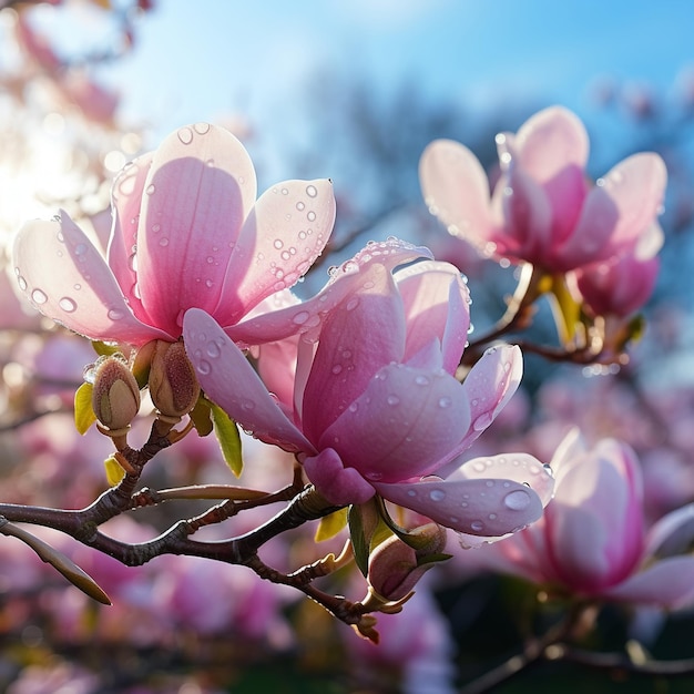 Foto flores de magnólia em galhos de orvalho da manhã gotas de água no jardim