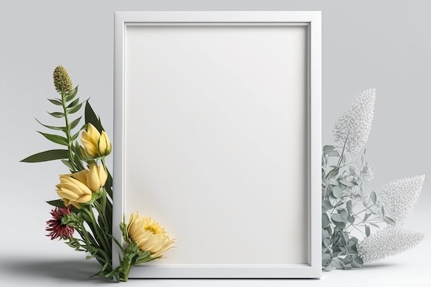 Flores de maquete brancas vazias de quadro de pôster e espaço de cópia em branco sobre fundo branco IA generativa