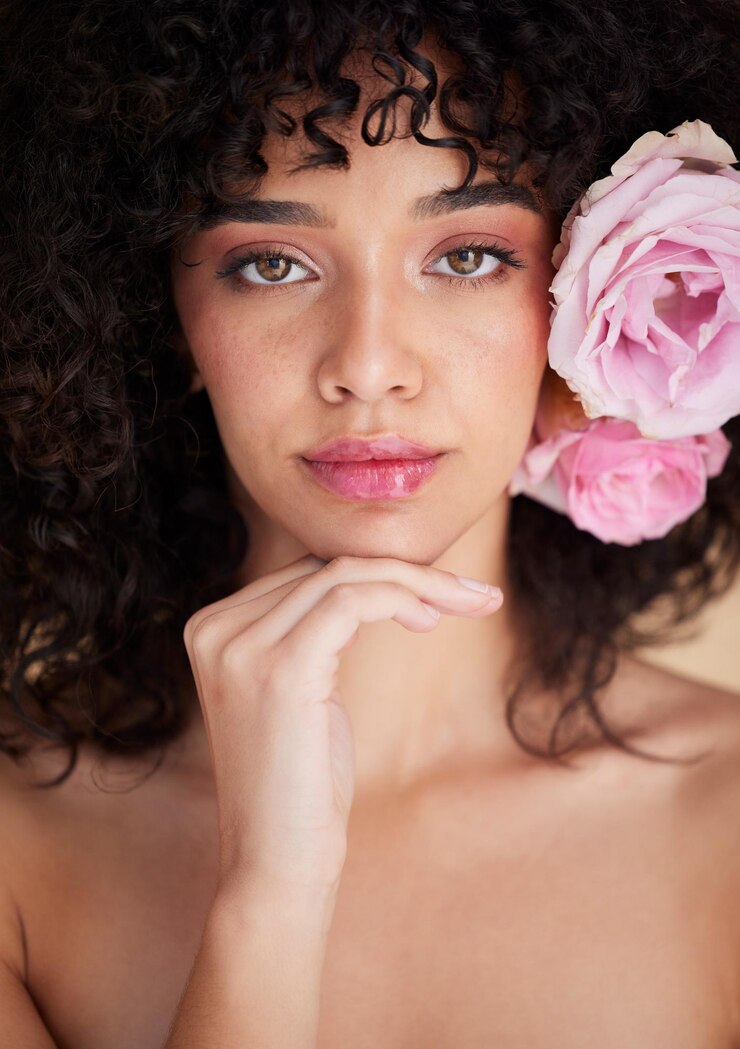 Foto flores de maquiagem e retrato de mulher com cosméticos de beleza e cuidados com os cabelos para glamour de bem-estar e brilho salão estético spa e garota para cuidados com a pele do rosto natural e tratamento facial em estúdio