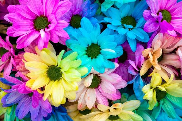 Foto flores de margarida multicoloridas padrão de fundo rainbow daisies