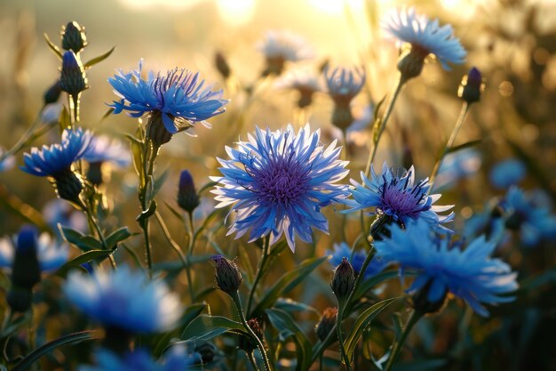 Flores de milho azuis vivas brilhando ao amanhecer