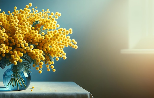 Flores de mimosa amarelas vibrantes em vaso de vidro azul com fundo de primavera de Páscoa