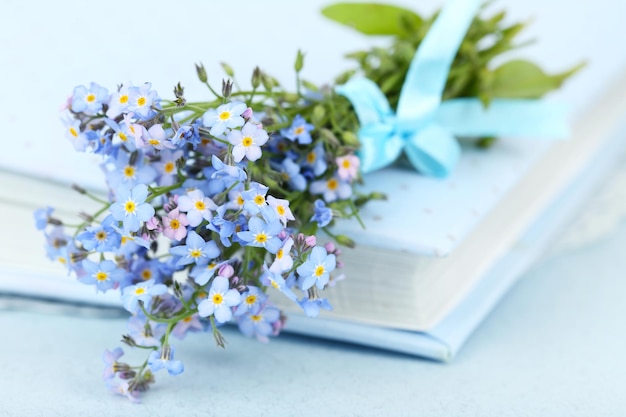 Flores de miosótis no livro, sobre fundo azul