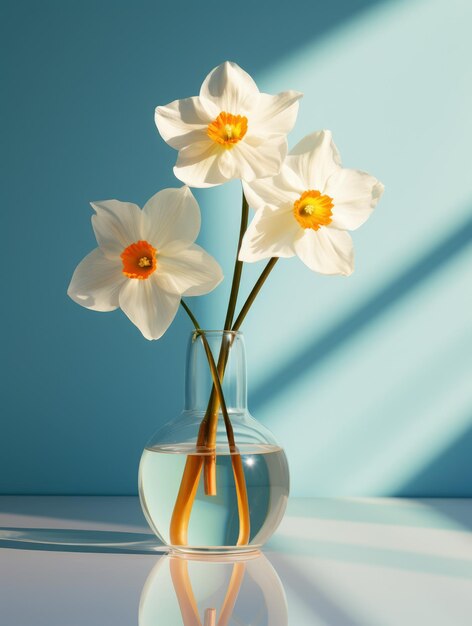 Foto flores de narcisos em vaso transparente de vidro composição floral ou narcisos sobre fundo branco