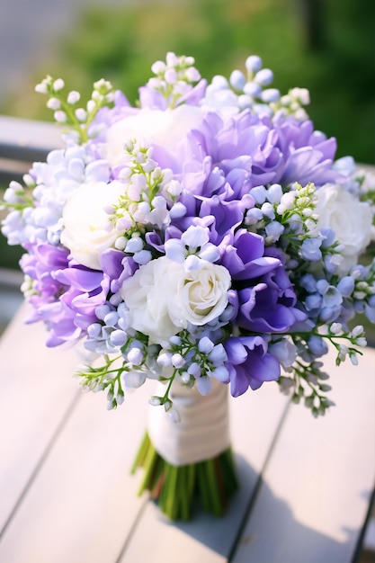 Flores de noiva em close-up de lilas e periwinkles Bouque