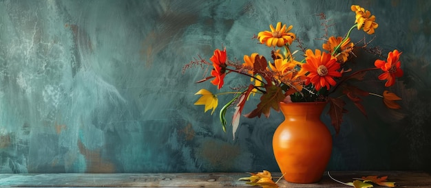 Foto flores de nutan em um vaso laranja em uma mesa de madeira vintage