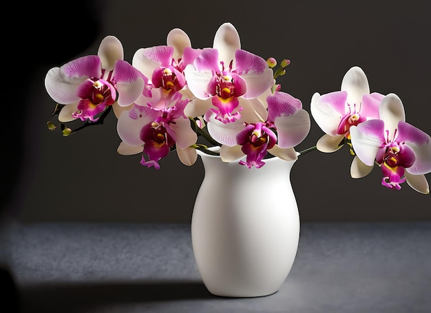 Foto flores de orquídea rosa vaso branco em fundo escuro