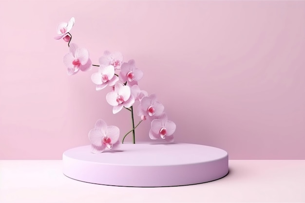 Flores de orquídeas elegantes em pedestal de fundo 3D AI gerativa