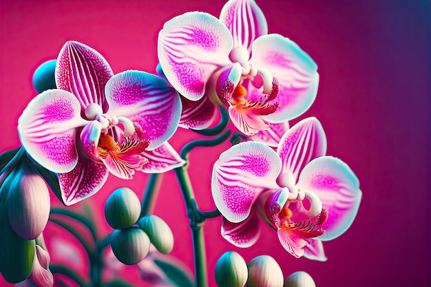 Foto flores de orquídeas exóticas em fundo rosa embaçado