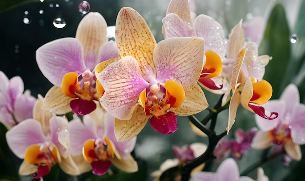 flores de orquídeas tropicais brilhantes em gotas de chuva