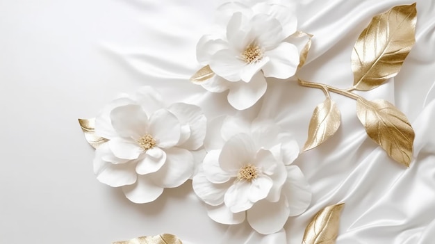Flores de ouro branco e folhas na textura de linho branco Generative AI