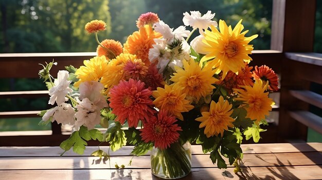 flores de outono em vasos na varanda do chalé vista das montanhas de outono do hotel em uma viagem em outubro