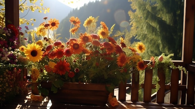 flores de outono em vasos na varanda do chalé vista das montanhas de outono do hotel em uma viagem em outubro