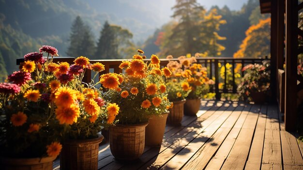 flores de outono em vasos na varanda do chalé vista das montanhas de outono do hotel em uma viagem em outubro