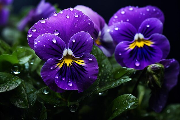 Flores de Pansy com gotas de orvalho nas pétalas