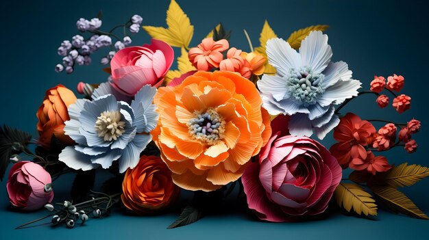 Flores de papel artisticamente trabalhadas em tons vibrantes