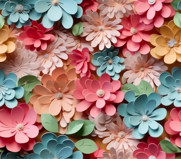 flores de papel coloridas estão dispostas em uma parede de flores de papel multicoloridas generativas ai