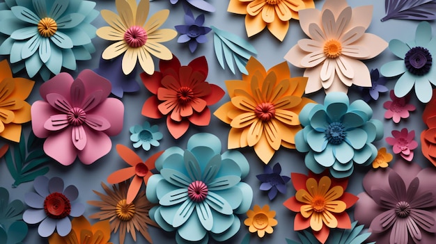 Flores de papel coloridas recortadas em fundo floral de papel