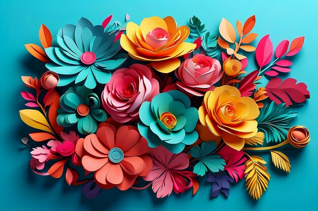 Foto flores de papel criativas e coloridas sobre um fundo verde