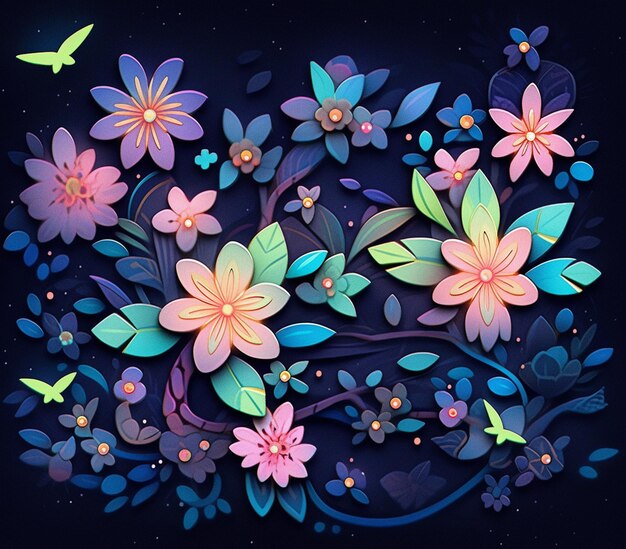 Foto flores de papel de cores brilhantes e borboletas em um fundo escuro