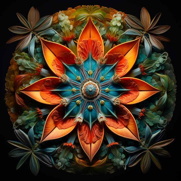 Flores de papel de cores brilhantes estão dispostas em um arranjo circular generativo ai