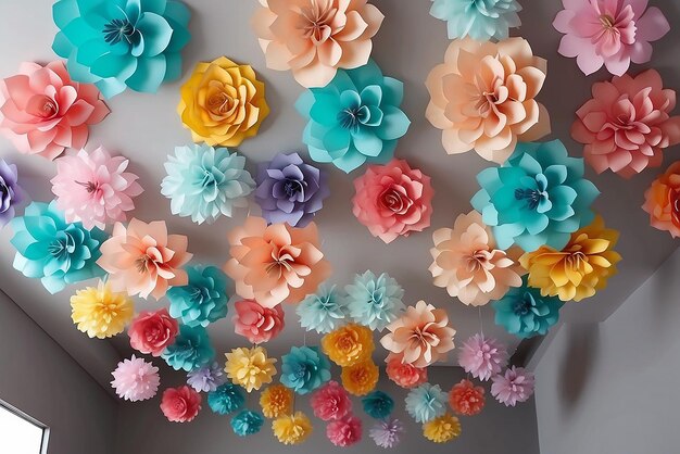 Foto flores de papel de cores pastel penduradas no teto