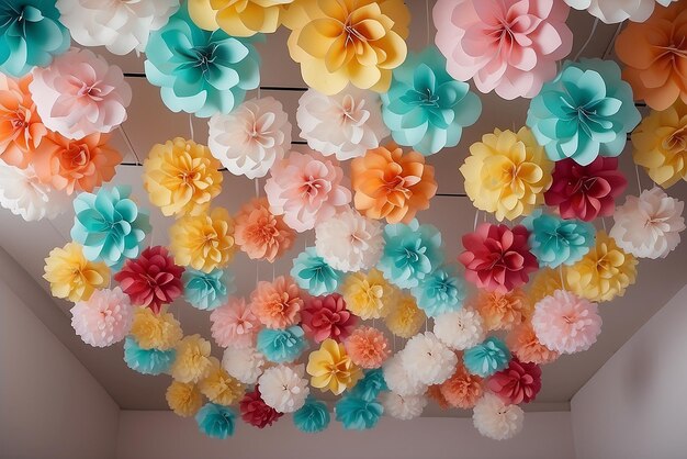 Foto flores de papel de cores pastel penduradas no teto