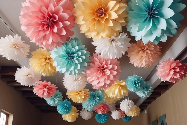 Foto flores de papel de cores pastel penduradas no teto