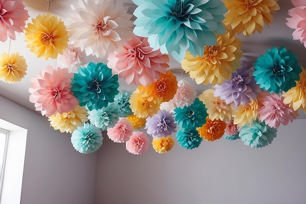 Foto flores de papel de cores pastel penduradas no teto