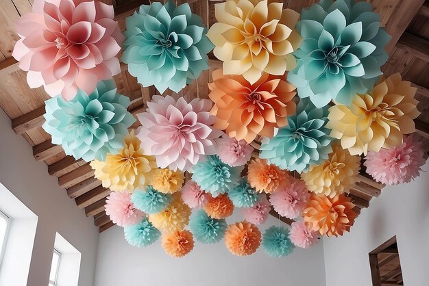 Foto flores de papel de cores pastel penduradas no teto